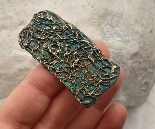 Copper Brooch with patina inlays , Filigree Metal Lapel Pin, ca. 25x65 mm