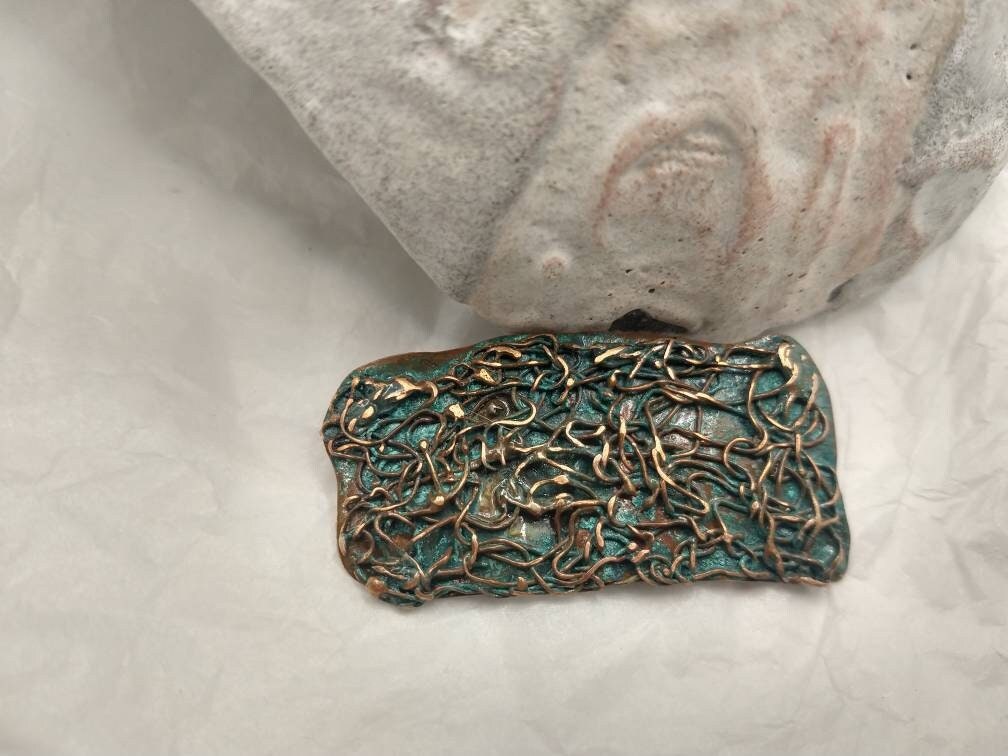 Copper Brooch with patina inlays , Filigree Metal Lapel Pin, ca. 25x65 mm