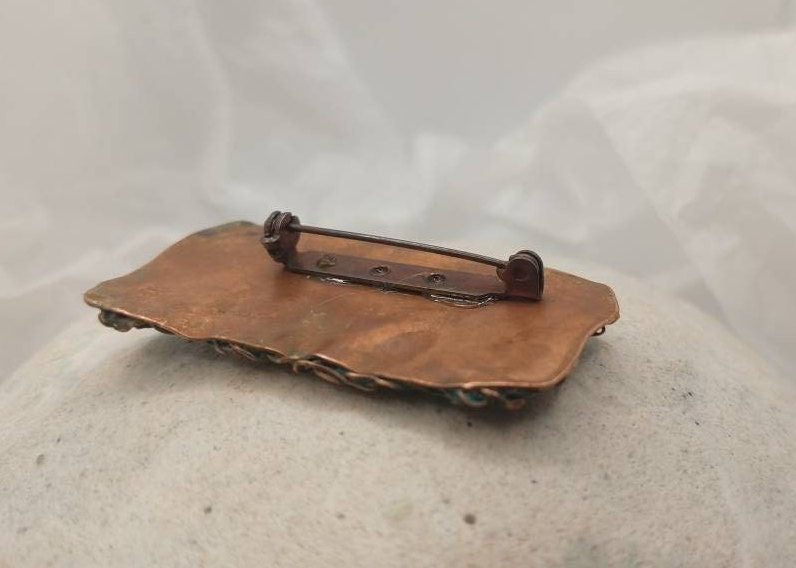 Copper Brooch with patina inlays , Filigree Metal Lapel Pin, ca. 25x65 mm