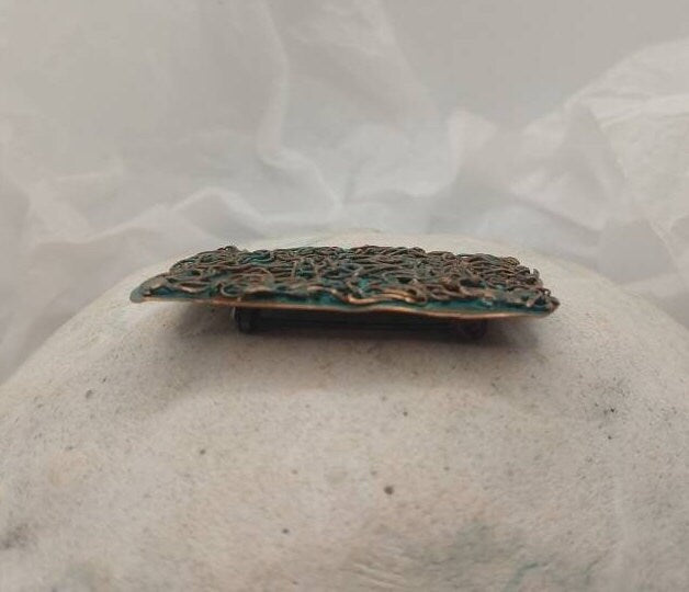 Copper Brooch with patina inlays , Filigree Metal Lapel Pin, ca. 25x65 mm