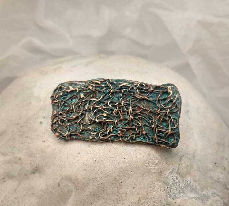 Copper Brooch with patina inlays , Filigree Metal Lapel Pin, ca. 25x65 mm