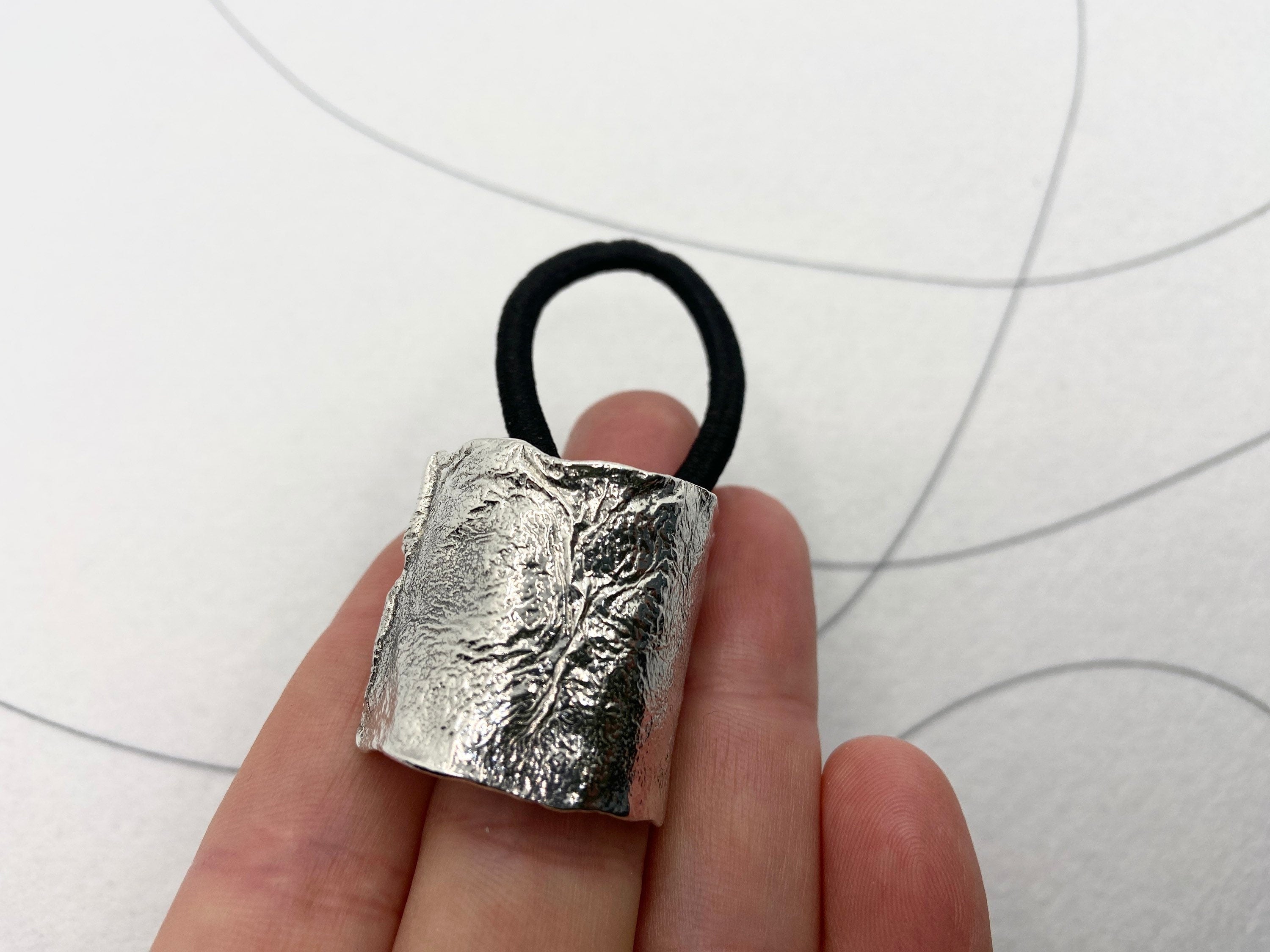 Liquid metal Sterling Silver Ponytail Cuff, Textured Boho Hair wrap with replaceable bobble