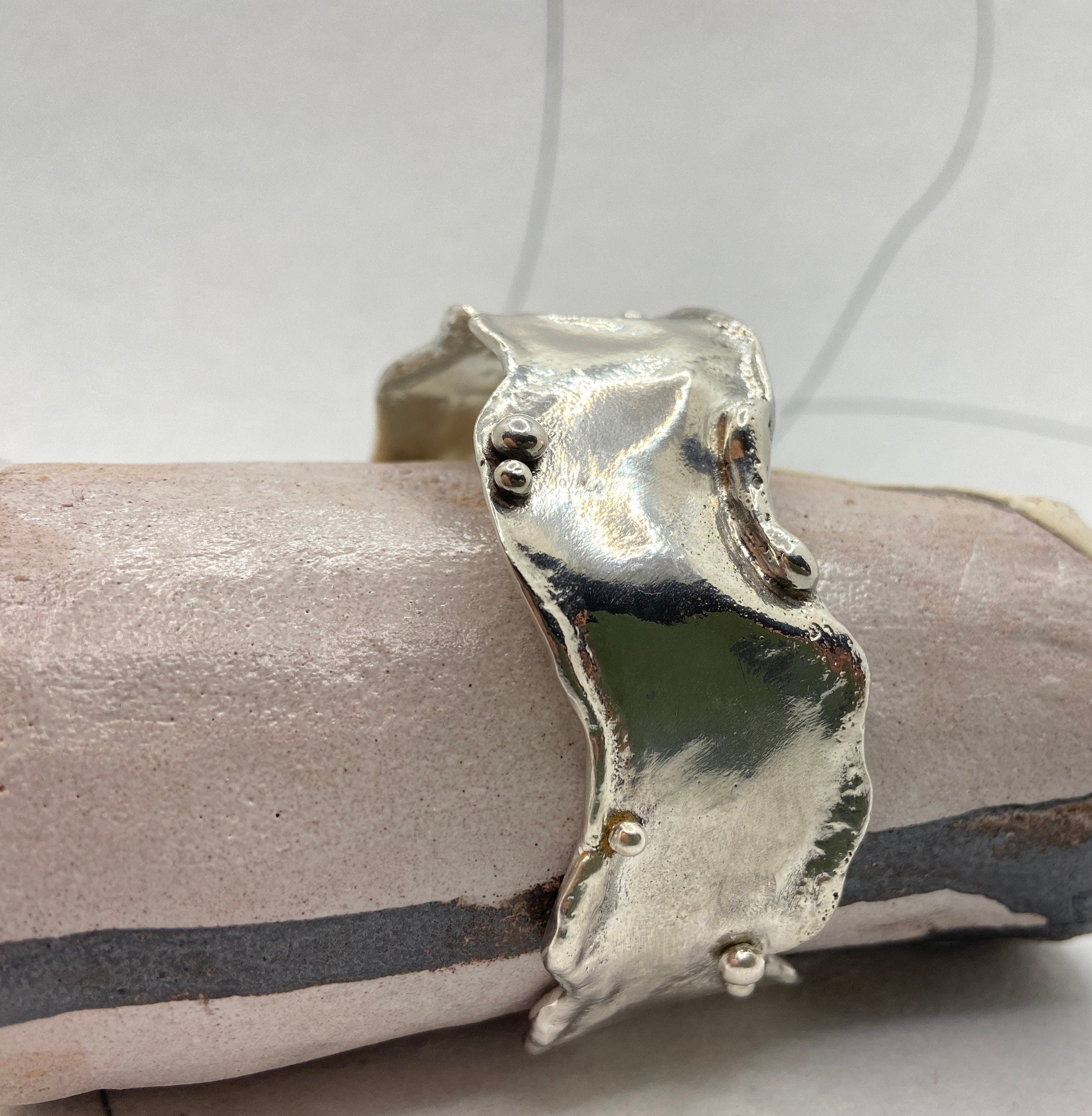 Molten Sterling Silver Cuff Bracelet, Textured Open Wrist Cuff, Beaded Details