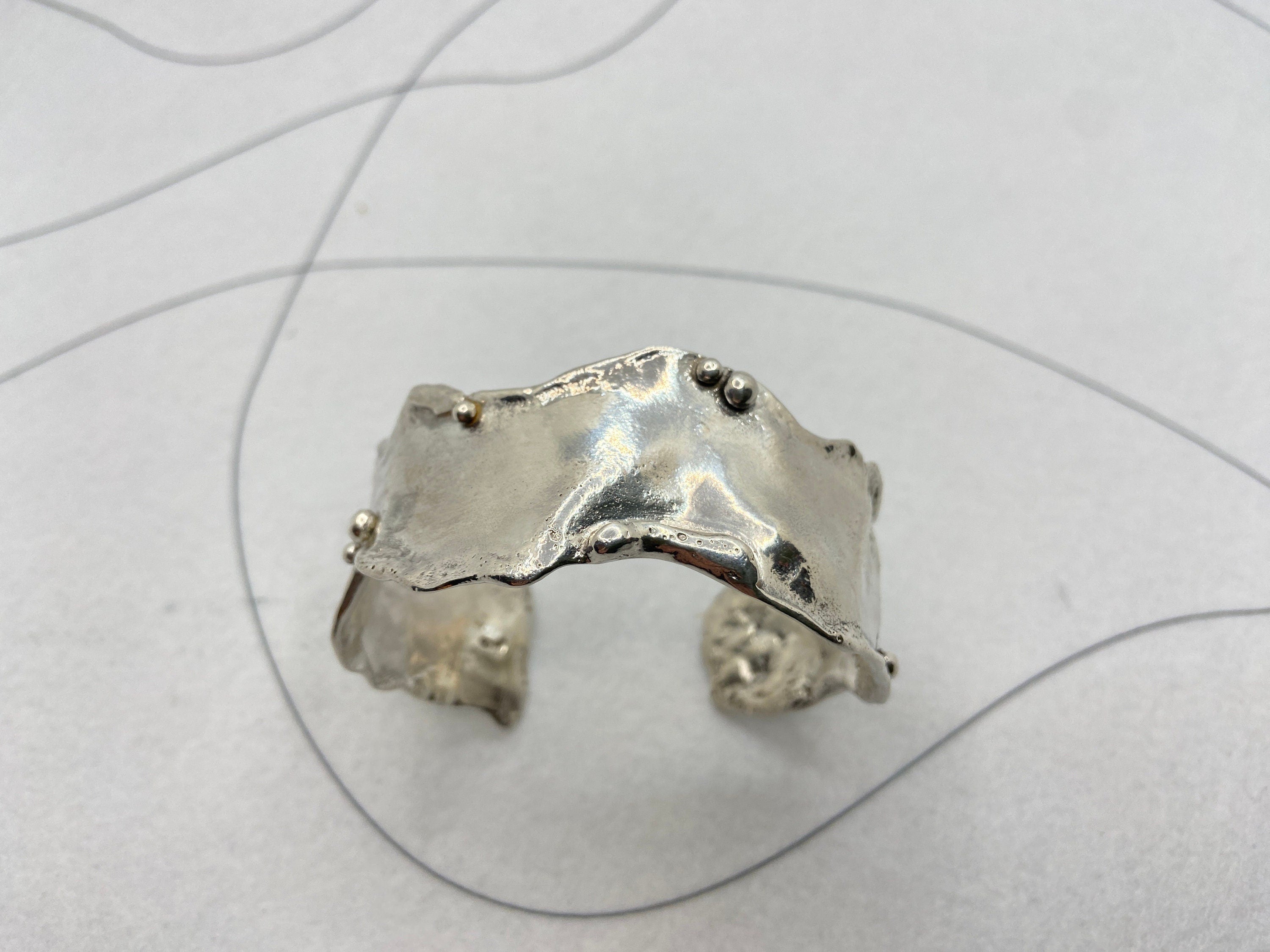 Molten Sterling Silver Cuff Bracelet, Textured Open Wrist Cuff, Beaded Details