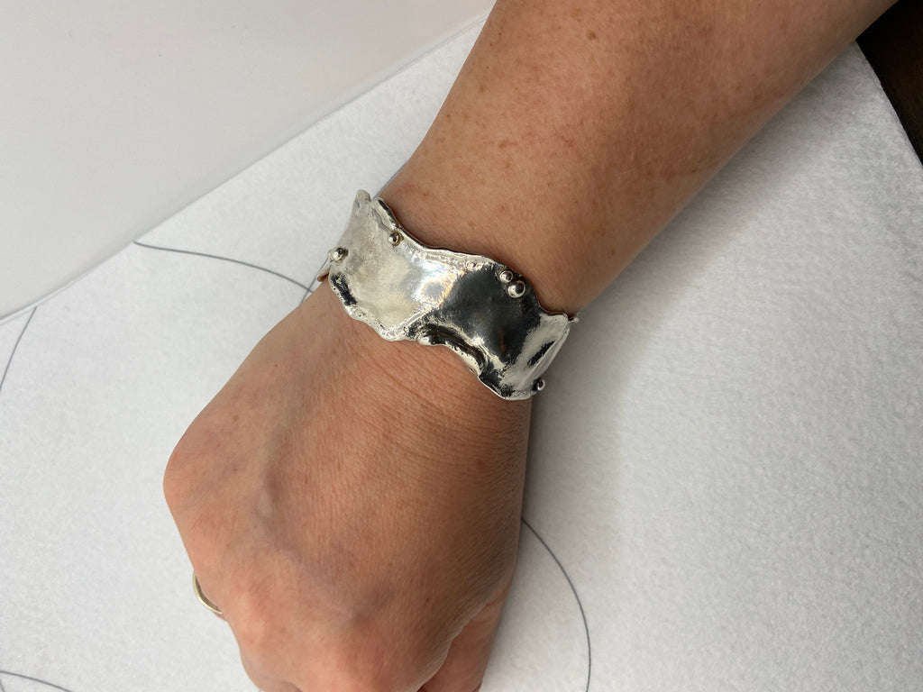 Molten Sterling Silver Cuff Bracelet, Textured Open Wrist Cuff, Beaded Details