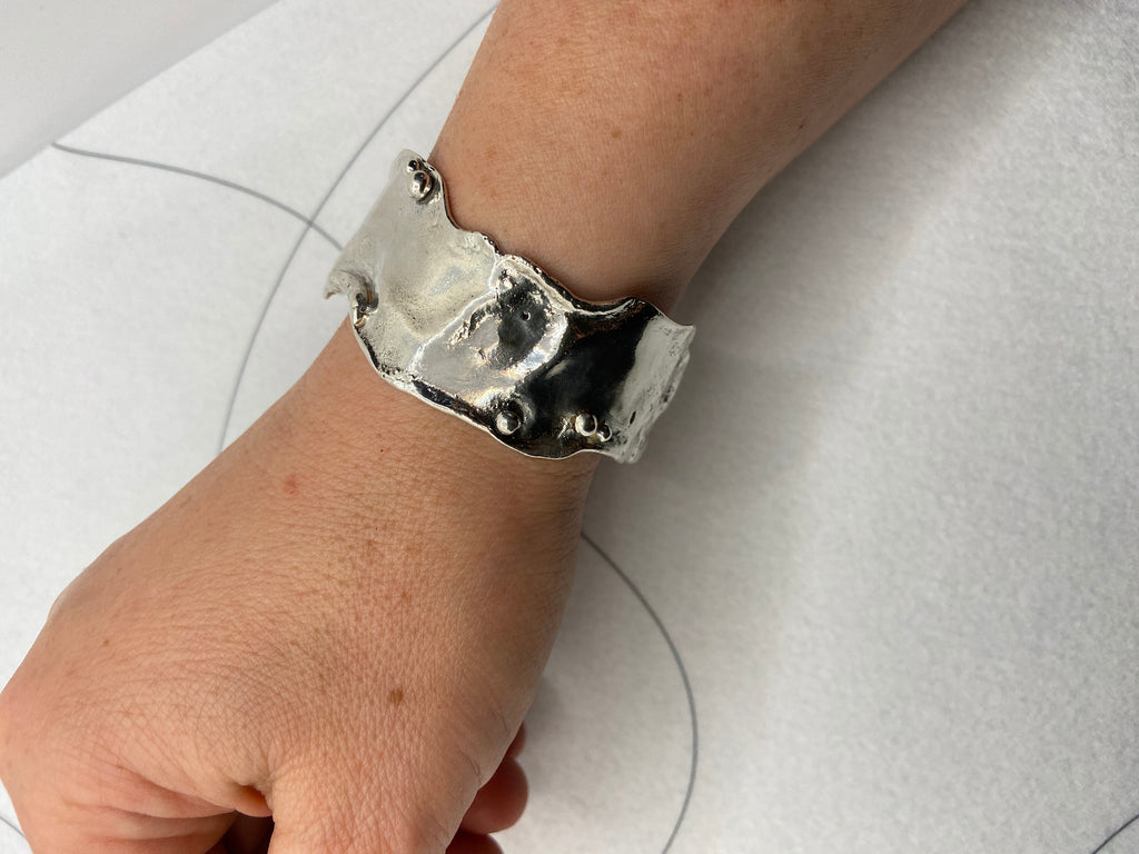 Molten Sterling Silver Cuff Bracelet, Textured Open Wrist Cuff, Beaded Details