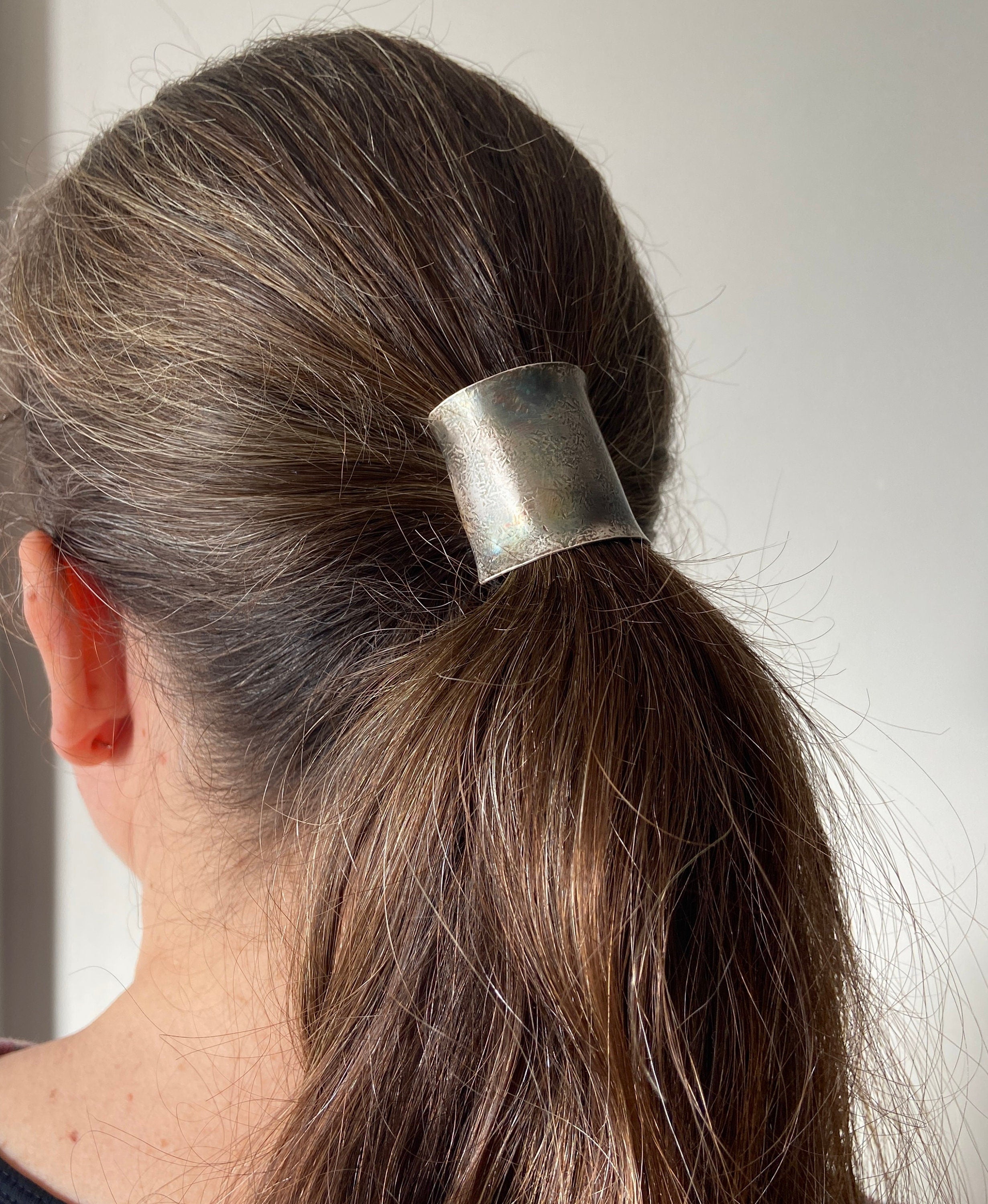 Handmade Sterling Silver Ponytail Cuff: Aged Texture Hair Jewelry