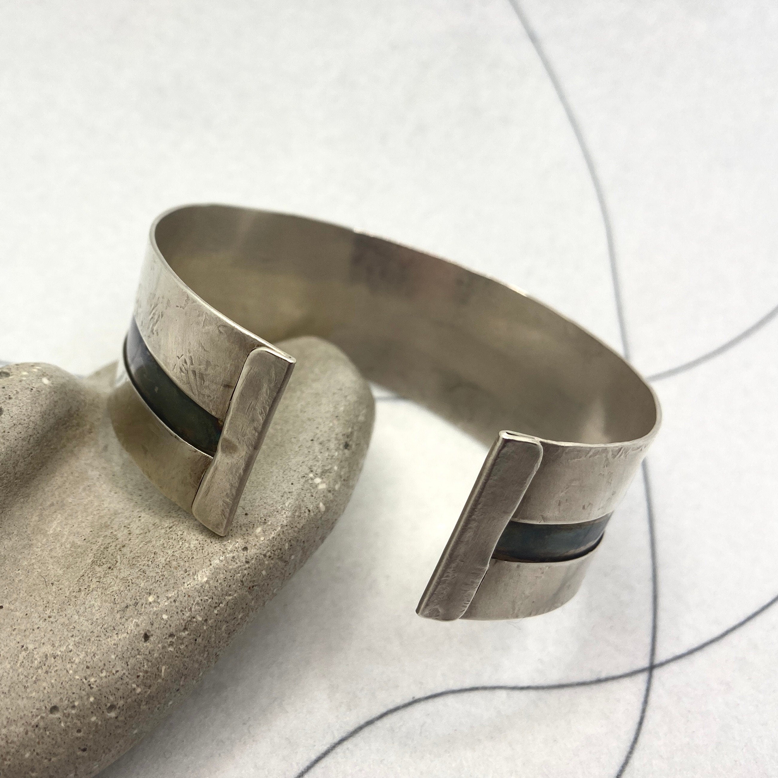 Oxidized Sterling Silver Cuff Bracelet: Striped Wide Bangle, personalised gift