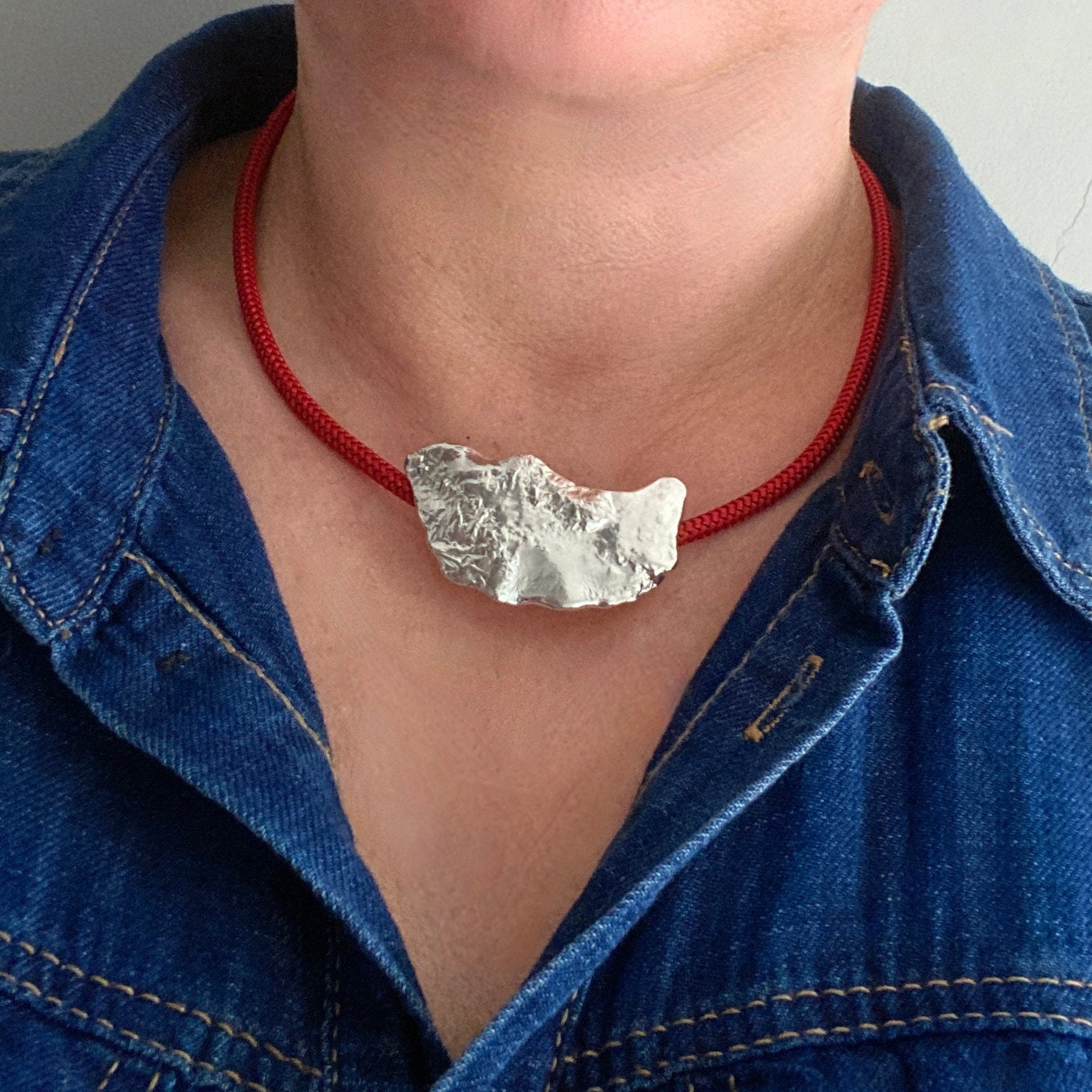 Molten Sterling Silver Clip On Pendant: Red Cable Cord Necklace