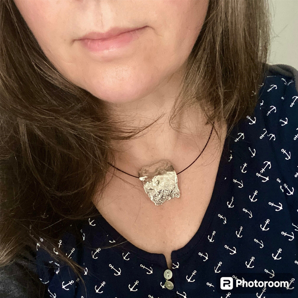 2in1 design Sterling silver necklace and ponytail cuff, molten metal statement recycled 925 silver pendant, long hair do gift for her