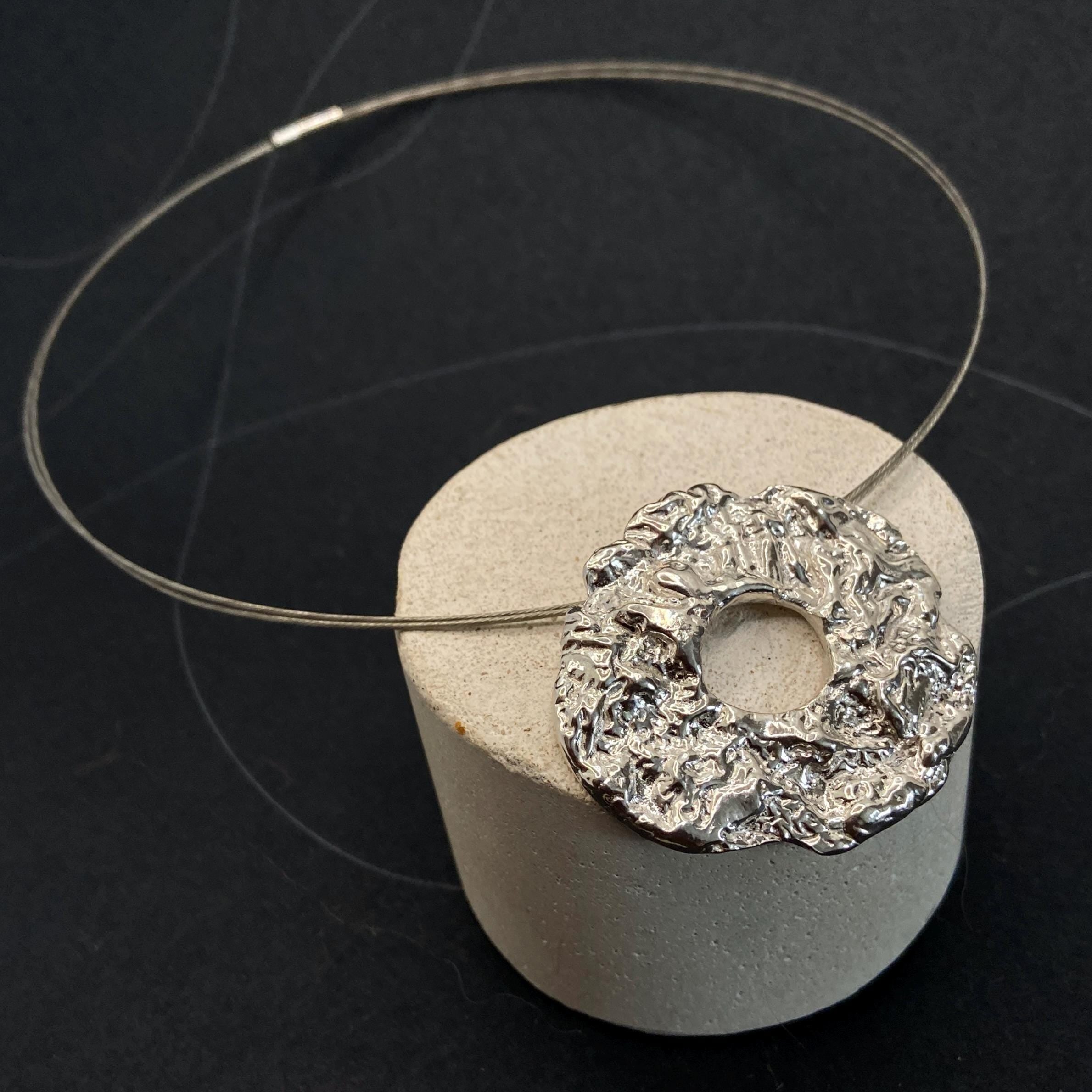 Textured Sterling Silver Statement Pendant: Short Steel Wire Necklace, Personalizable