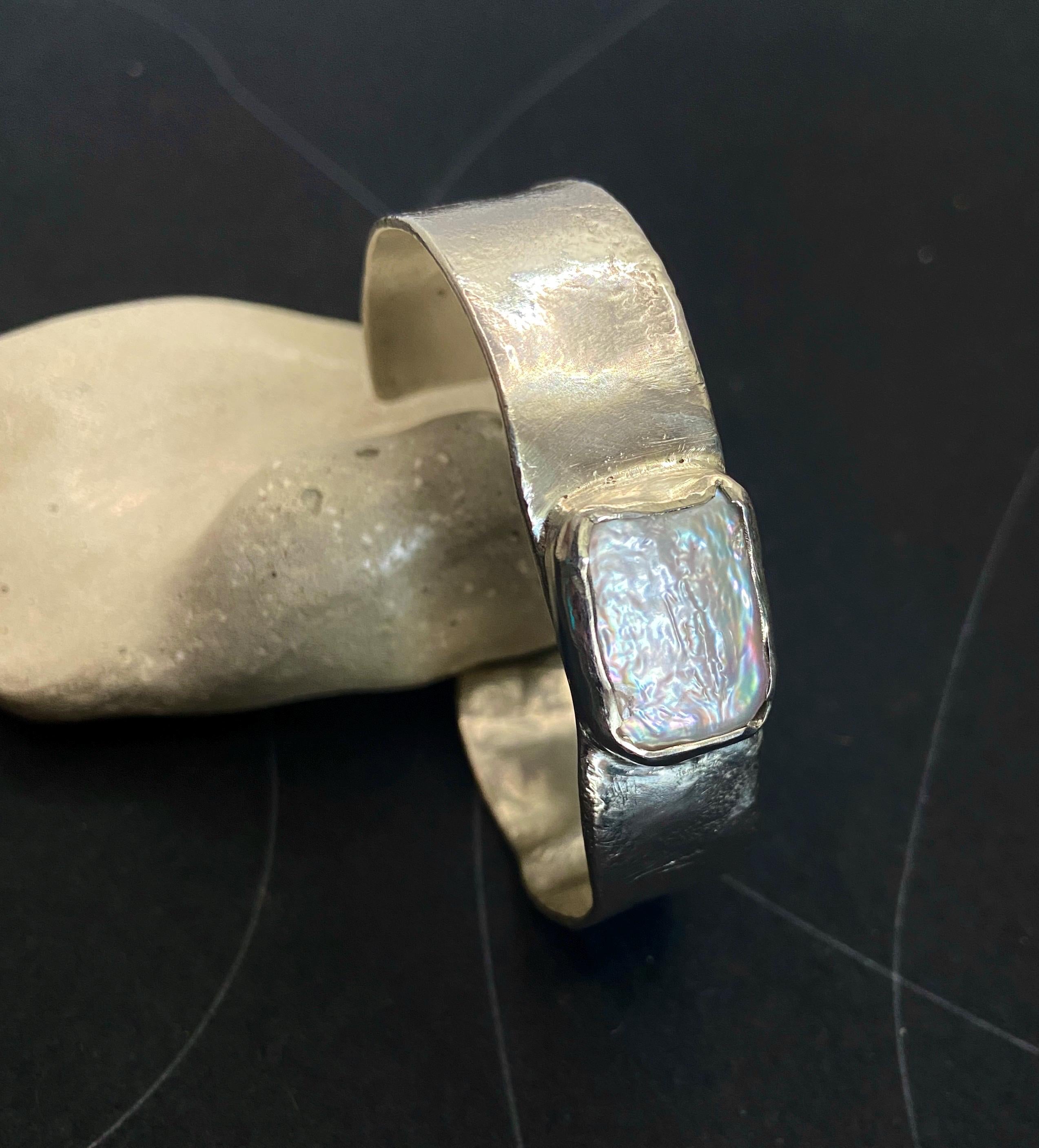 Sterling Silver Keshi Pearl Cuff Bracelet: Personalized Open Bangle, birth stone bracelet