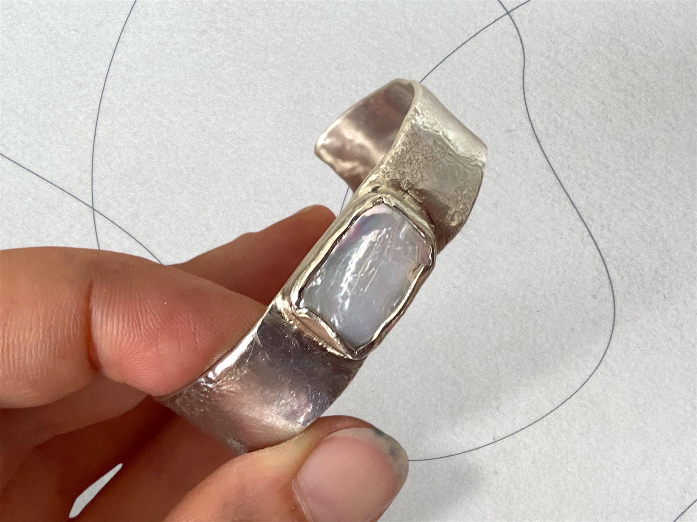 Sterling Silver Keshi Pearl Cuff Bracelet: Personalized Open Bangle, birth stone bracelet