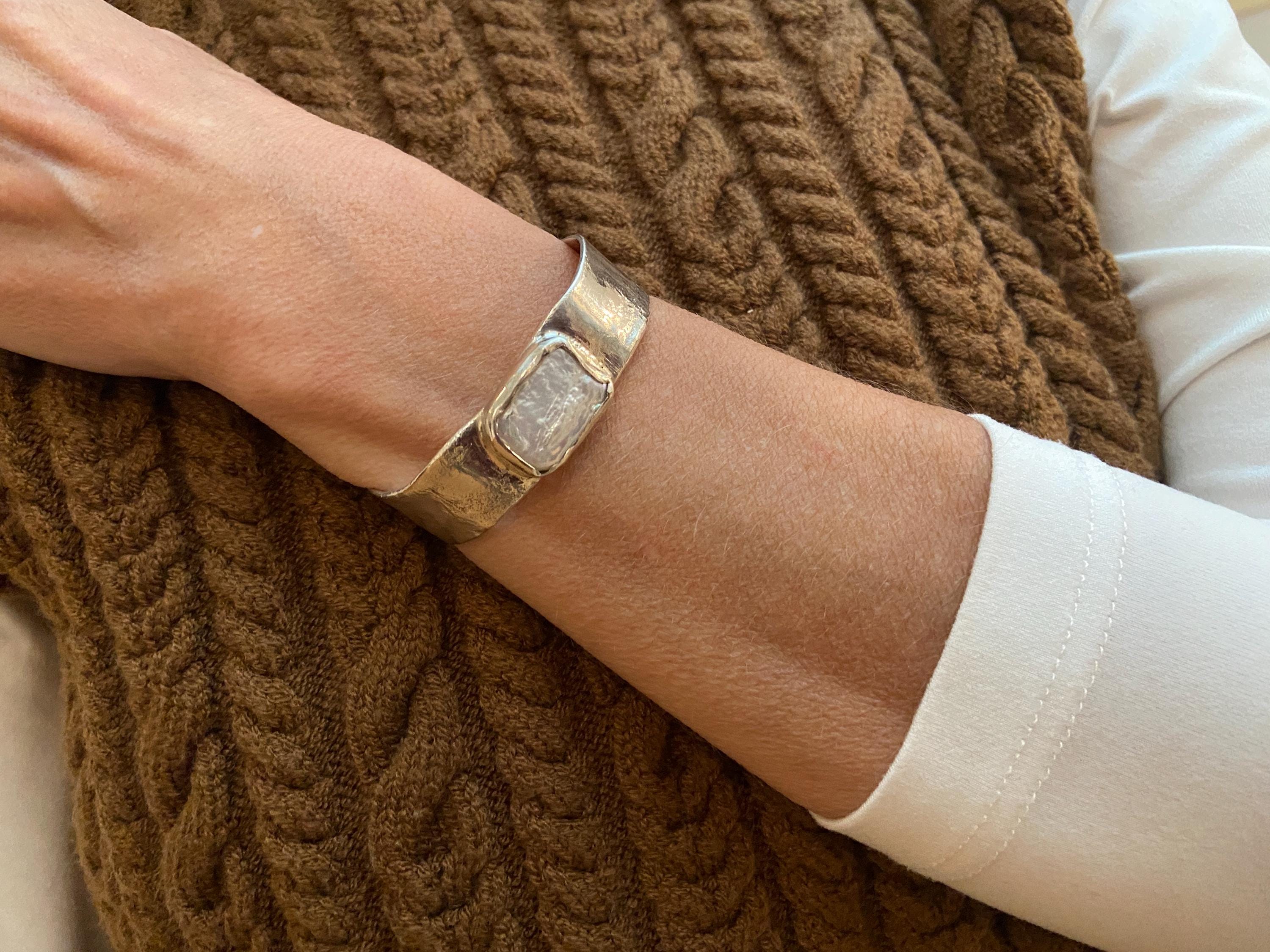 Sterling Silver Keshi Pearl Cuff Bracelet: Personalized Open Bangle, birth stone bracelet