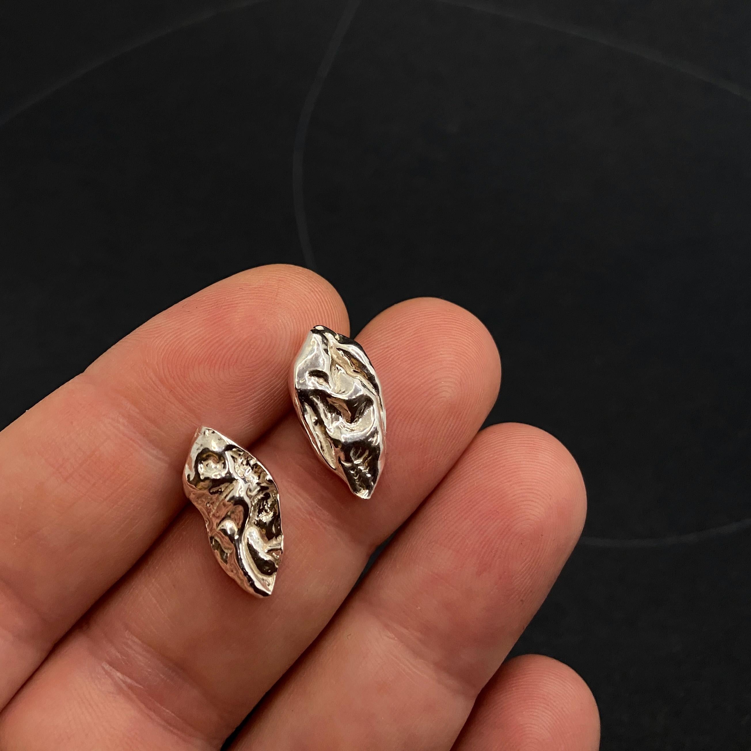 Textured oblong Shape Sterling Silver Stud Earrings: Irregular Handmade Silver Studs