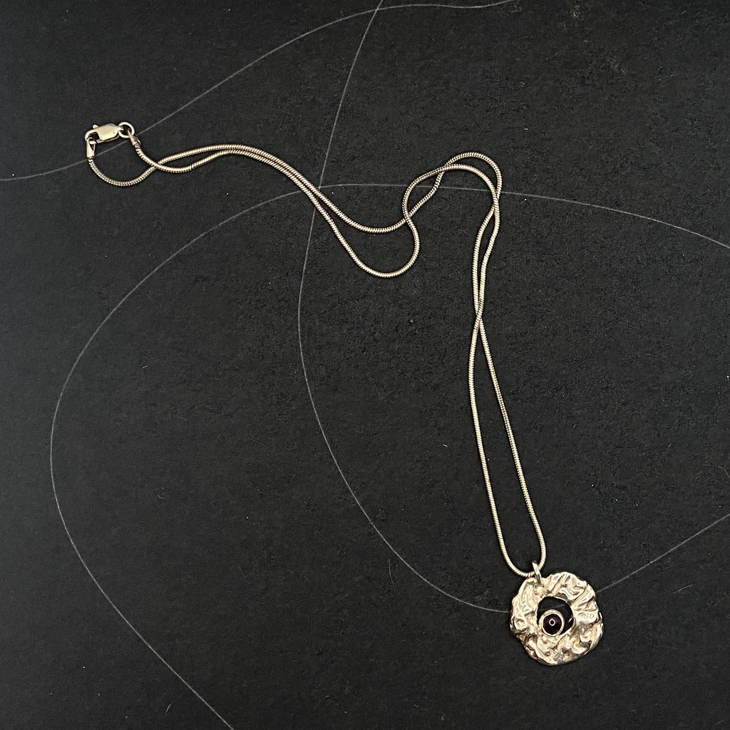 Custom Garnet Sterling Silver Pendant Necklace: Textured hoop, Engraving Option