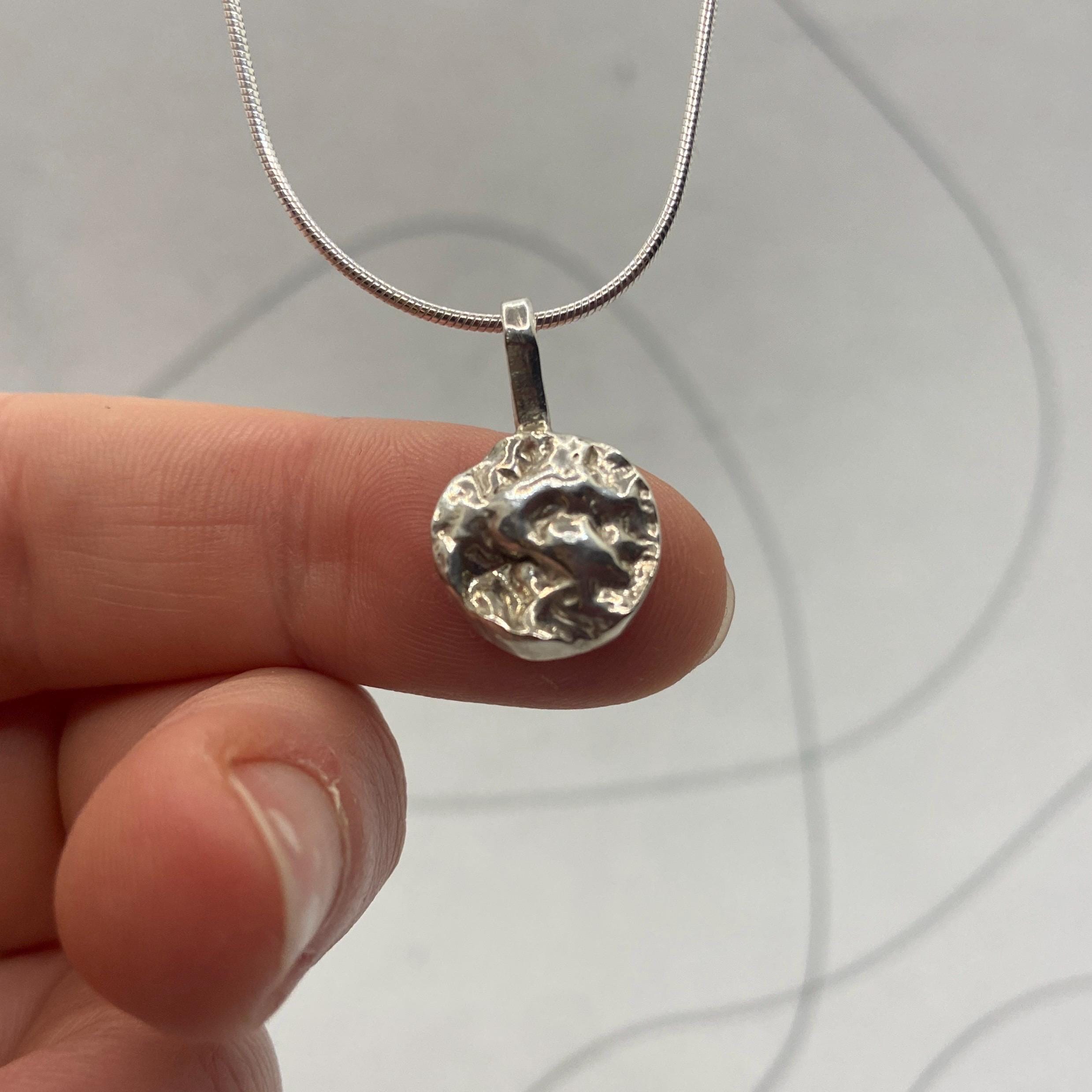 Personalised small 925 eco silver pendant necklace, textured coin design pendant, 45 cm 925 snake chain, opt back engraving, stocking filler