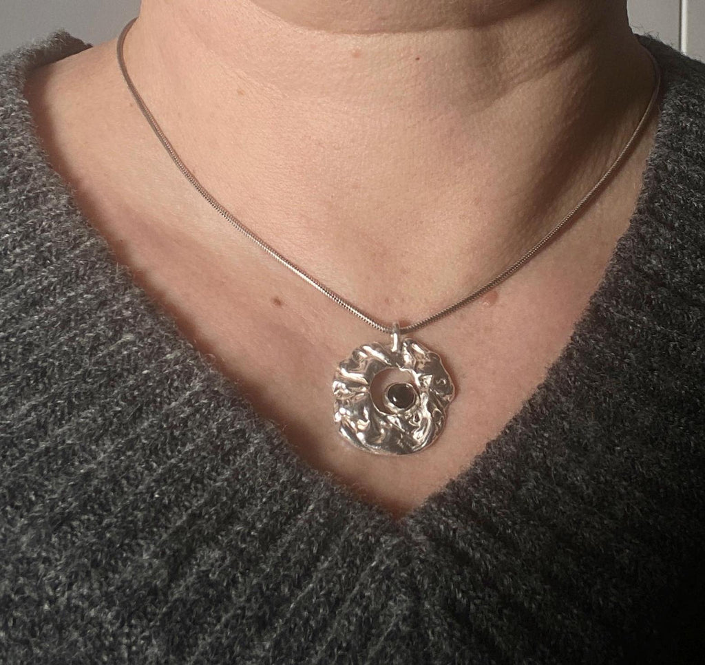 Custom Garnet Sterling Silver Pendant Necklace: Textured hoop, Engraving Option