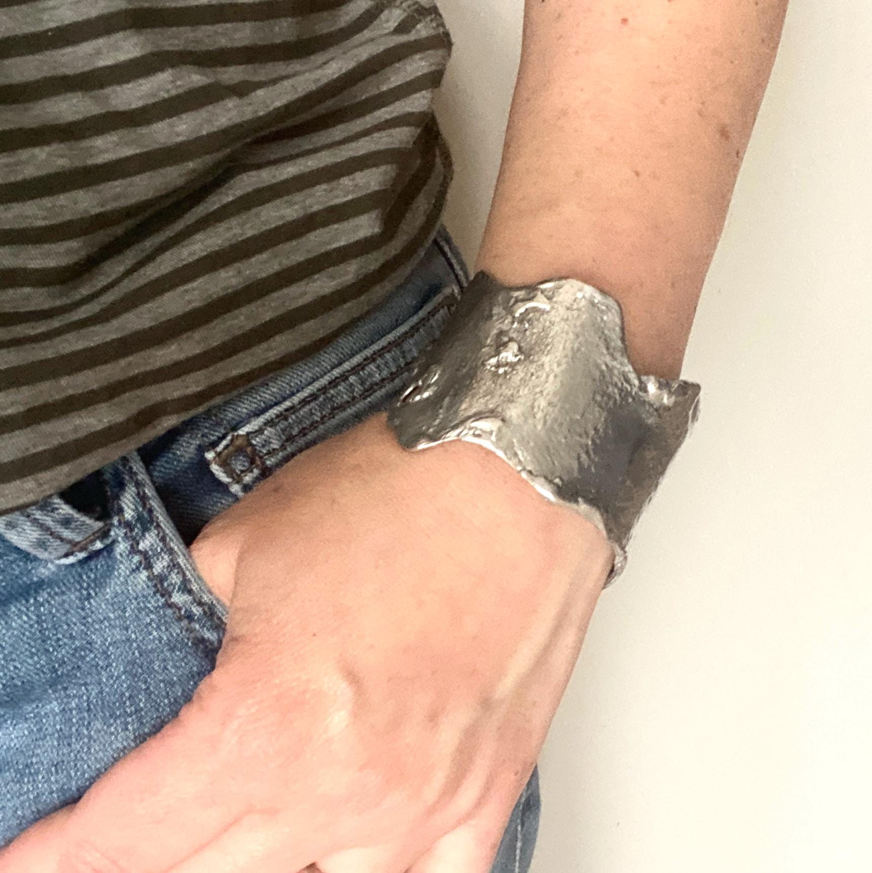 Wide Liquid Metal Sterling Silver Cuff Bracelet - Made to Order Open Wrist Cuff