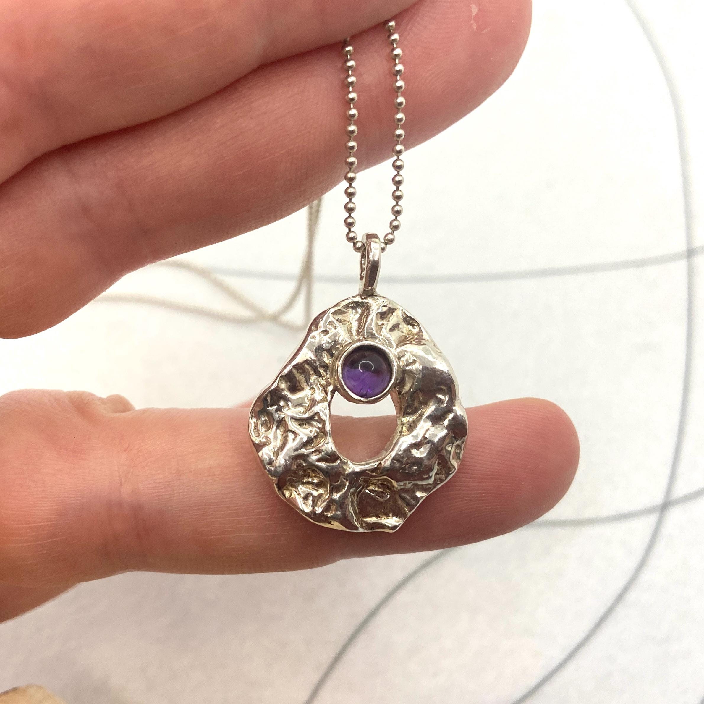 Amethyst Sterling Silver Pendant Necklace: Textured Organic Charm