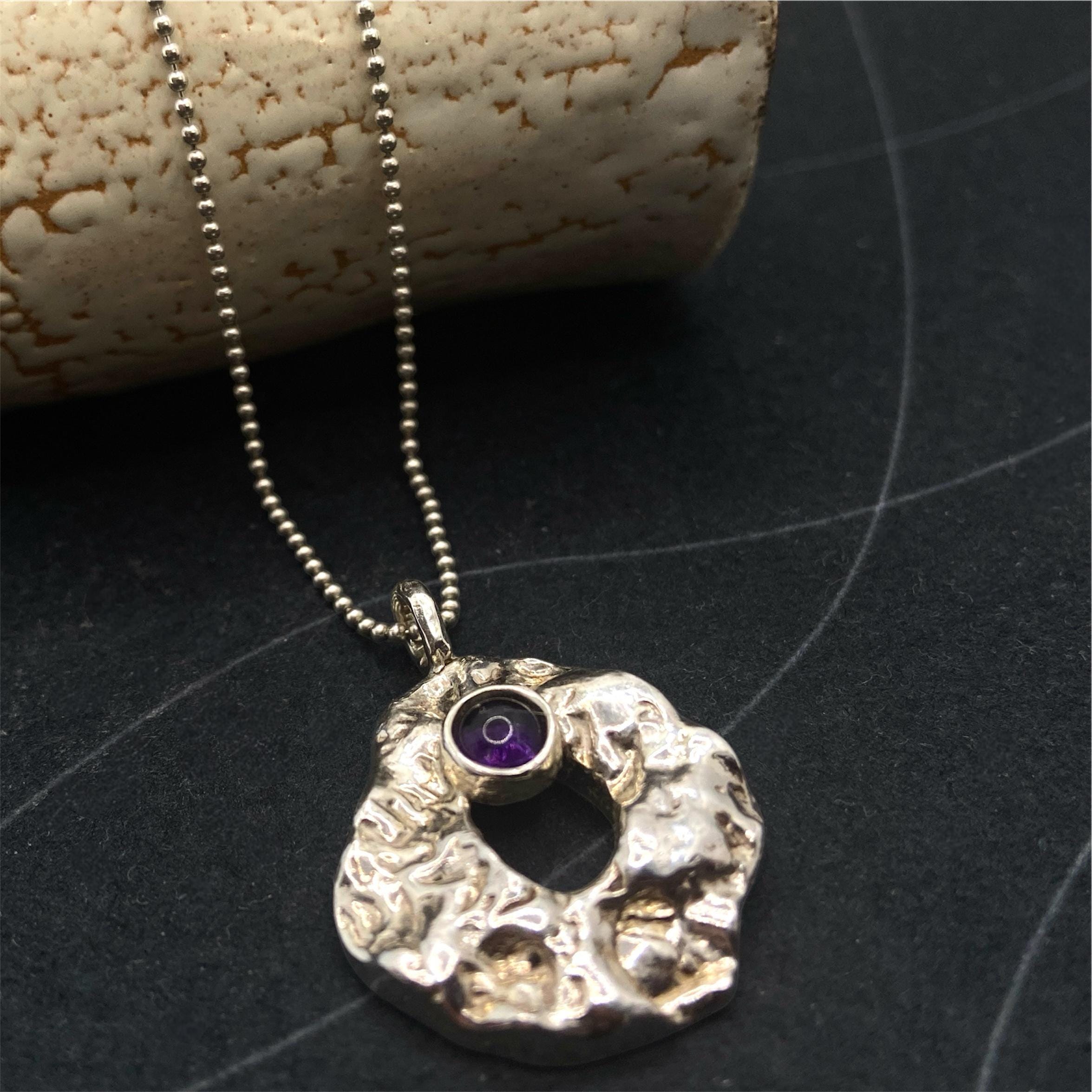 Amethyst Sterling Silver Pendant Necklace: Textured Organic Charm