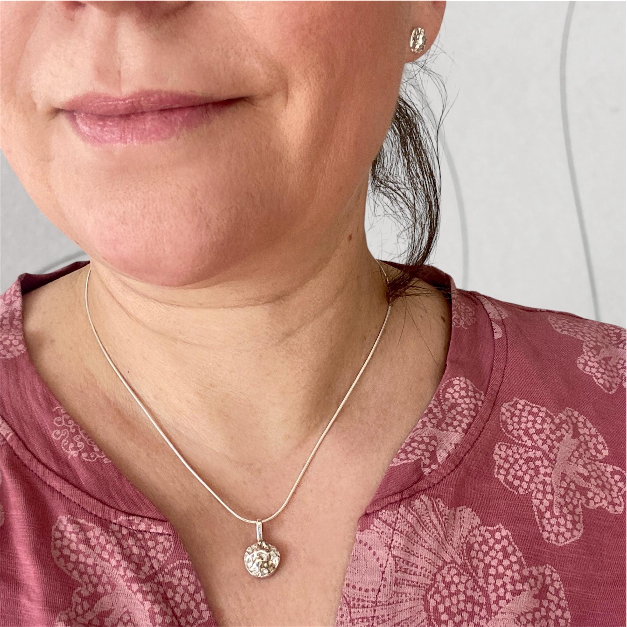 Personalizable Eco Silver Round Nugget Pendant Necklace: Engraved 925 Sterling Silver