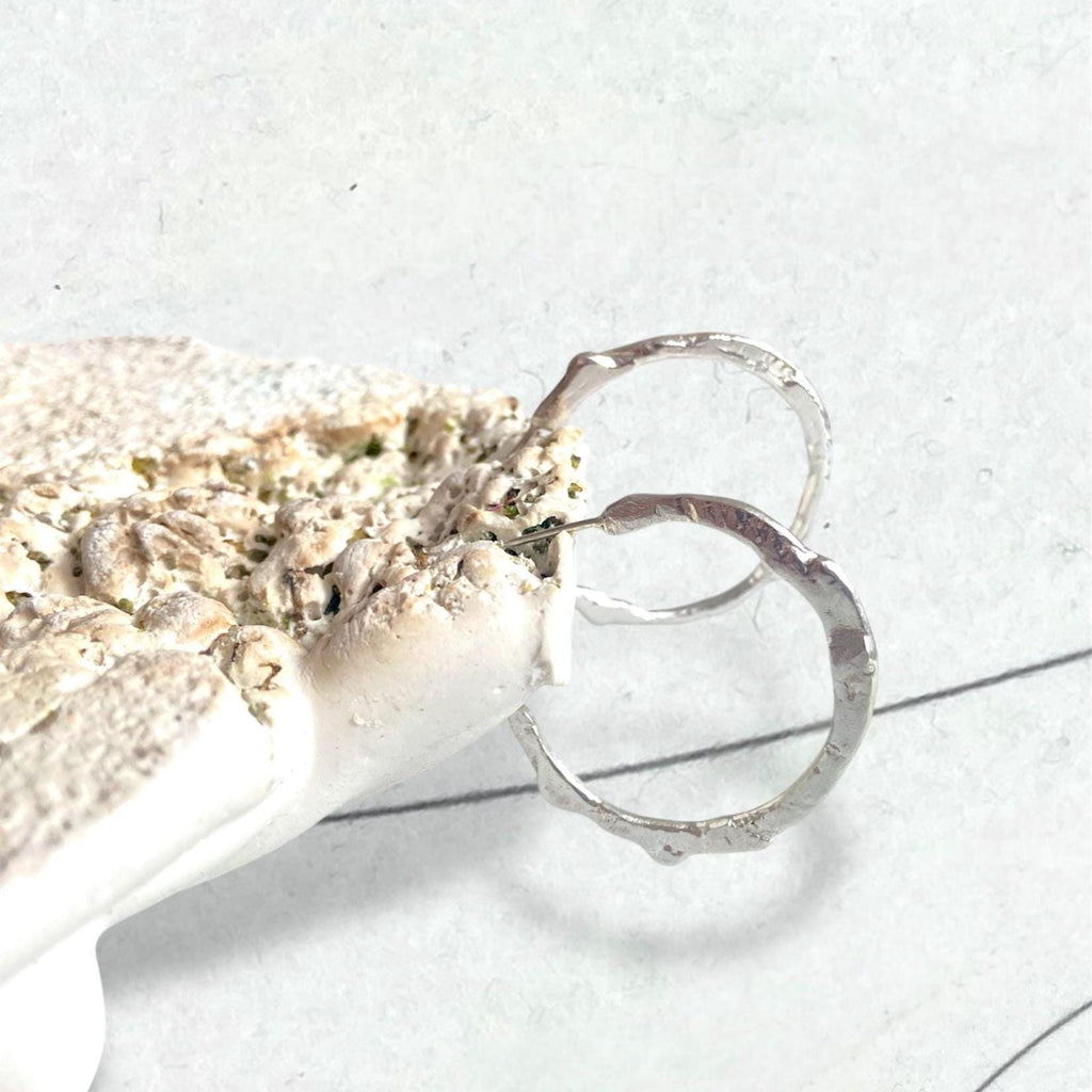 Irregular large hoop earrings in Sterling silver, Handmade molten metal Boho Style