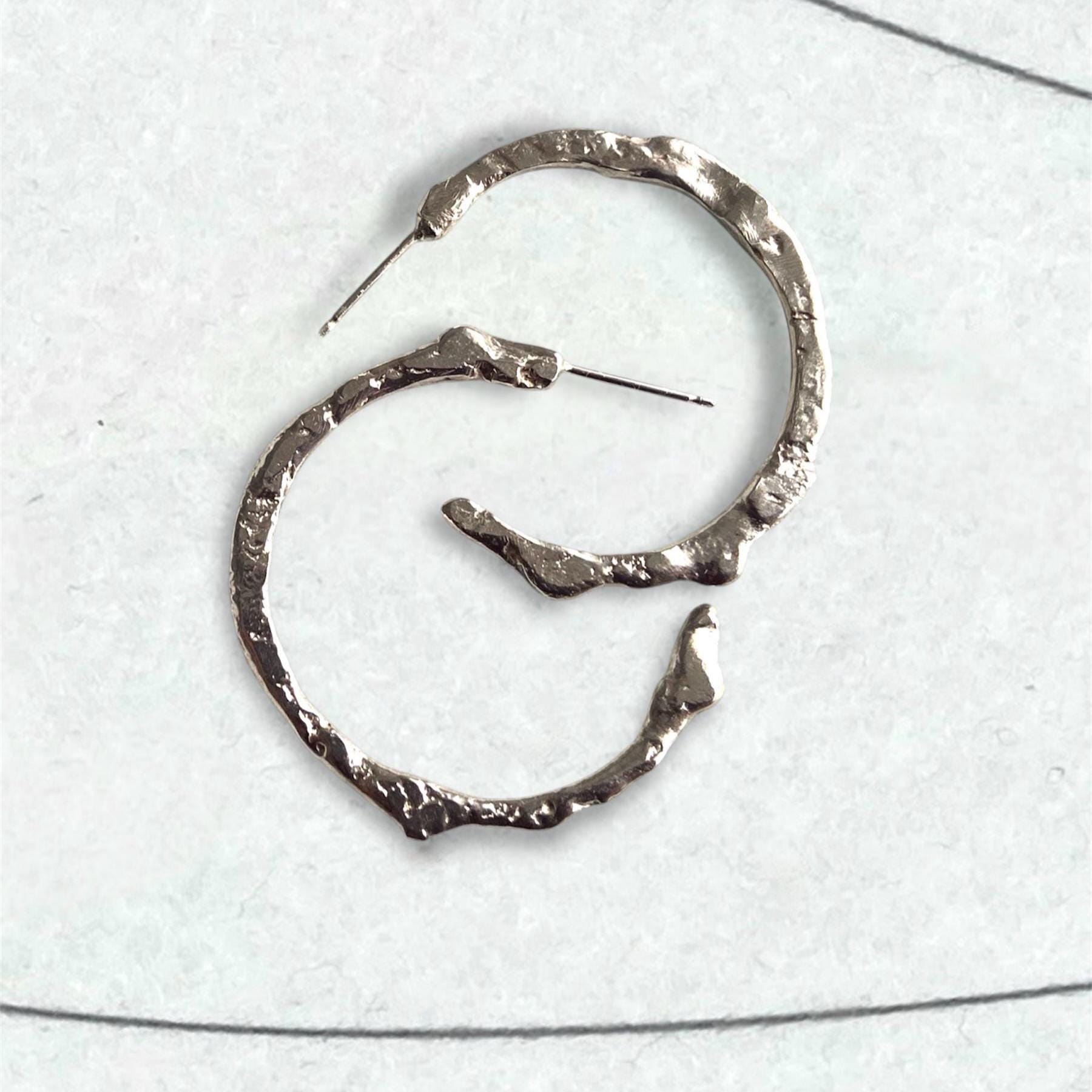 Irregular large hoop earrings in Sterling silver, Handmade molten metal Boho Style