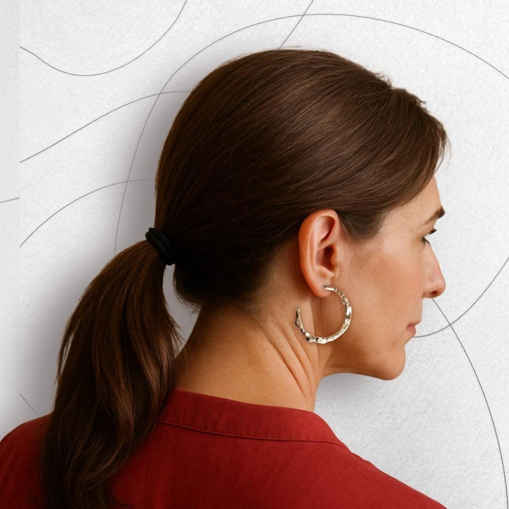 Irregular large hoop earrings in Sterling silver, Handmade molten metal Boho Style