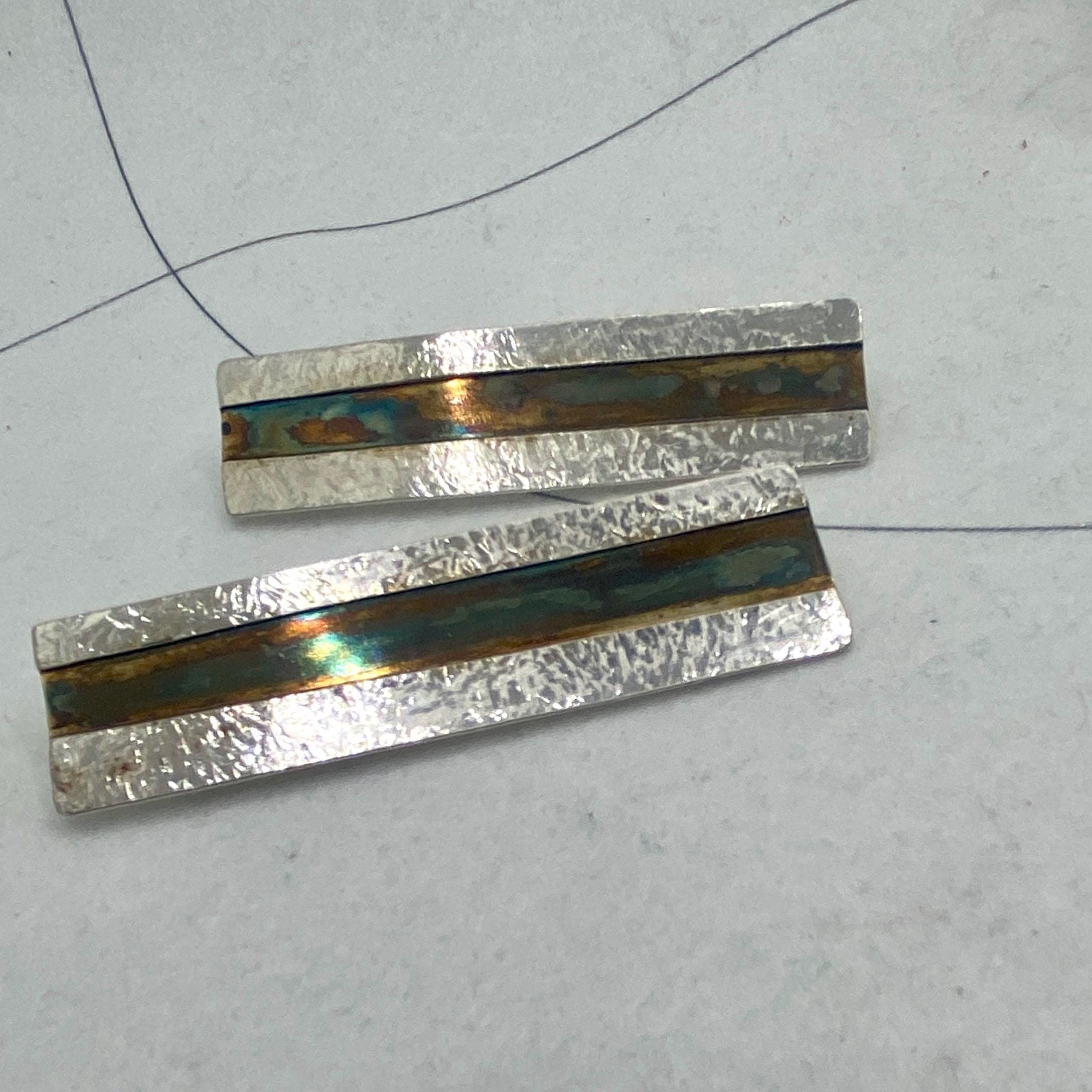 Rectangular Sterling Silver Brooch: Slim Striped Oxidized Lapel Pin