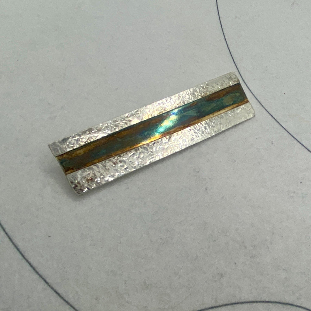 Rectangular Sterling Silver Brooch: Slim Striped Oxidized Lapel Pin