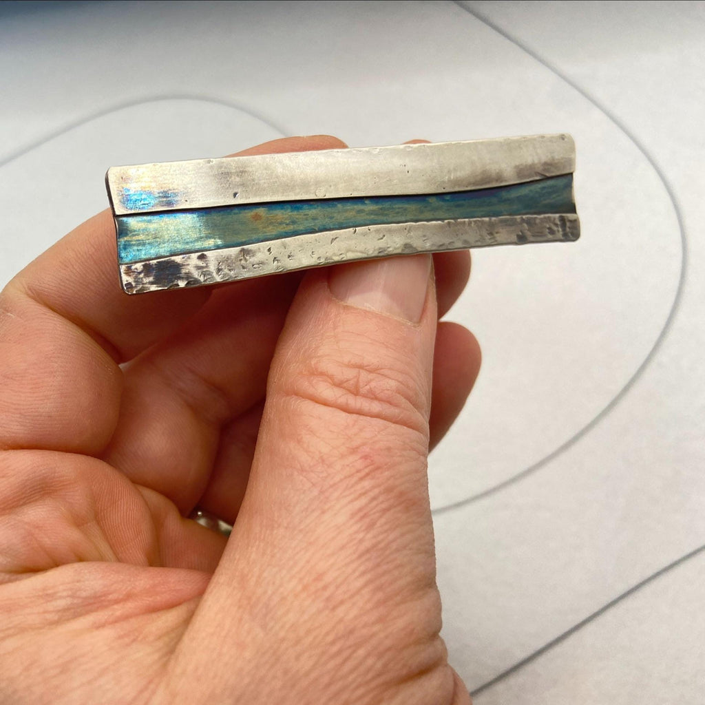 Rectangular Sterling Silver Brooch: Slim Striped Oxidized Lapel Pin