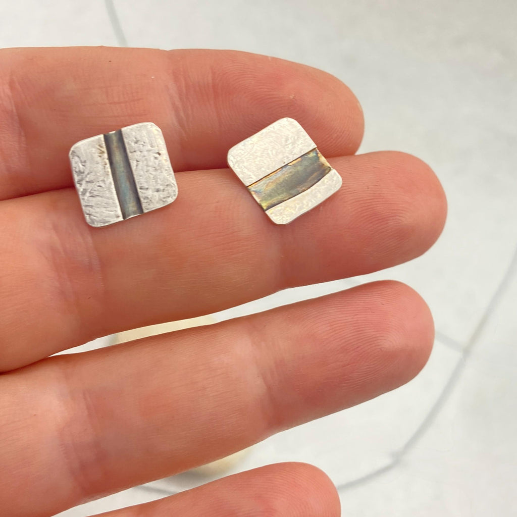 Rectangular Sterling Silver Stud Earrings with black stripe