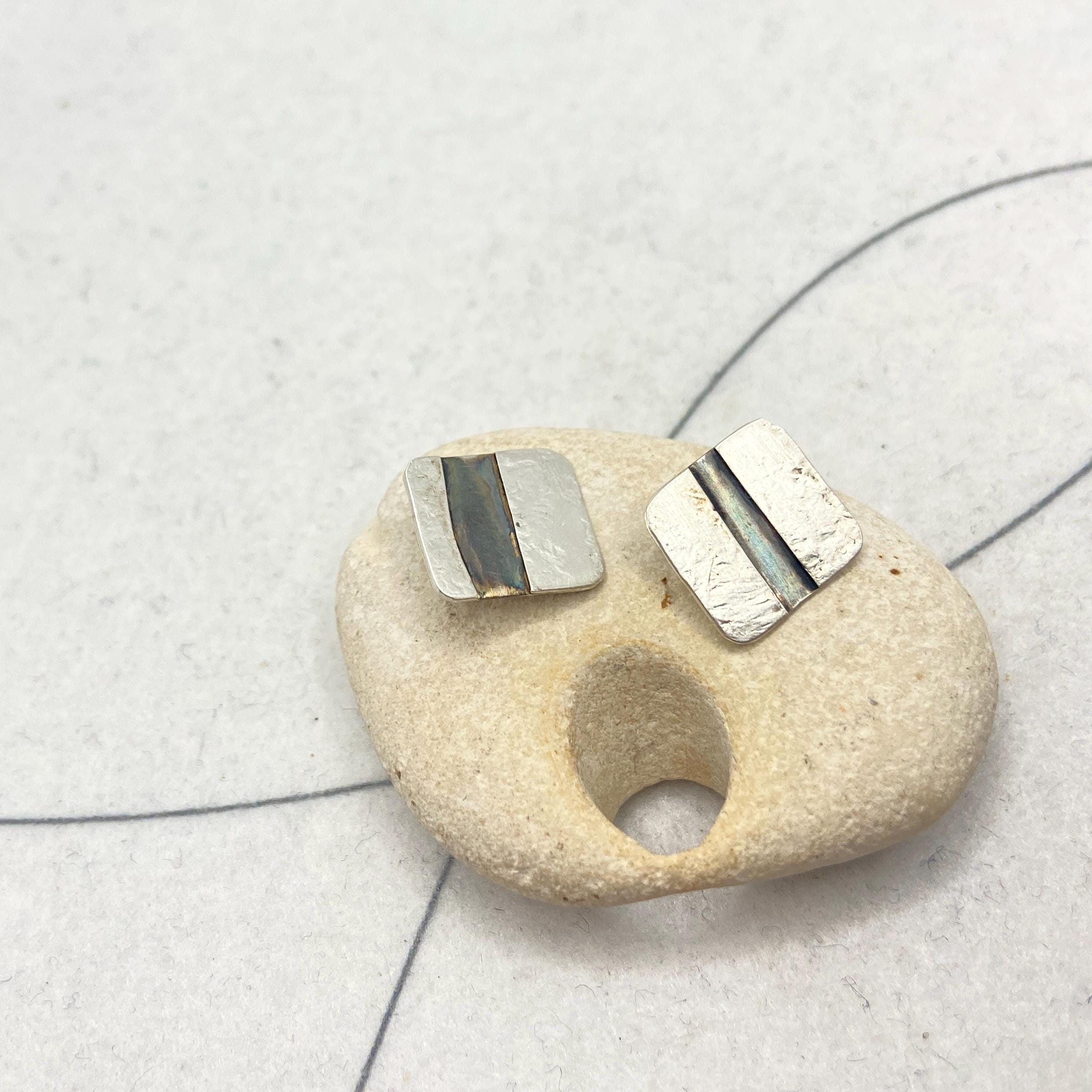 Sterling Silver square Stud Earrings with black stripe