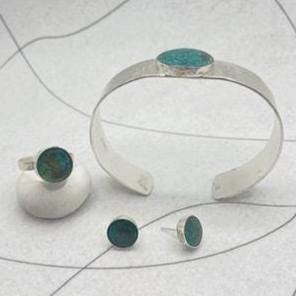 Sterling Silver Cuff Bracelet with turquoise copper patina resin inlay, matt finish silver bangle