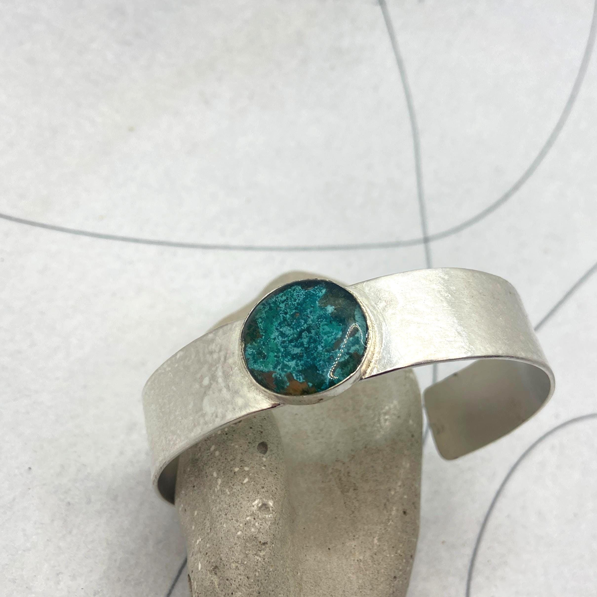 Sterling Silver Cuff Bracelet with turquoise copper patina resin inlay, matt finish silver bangle