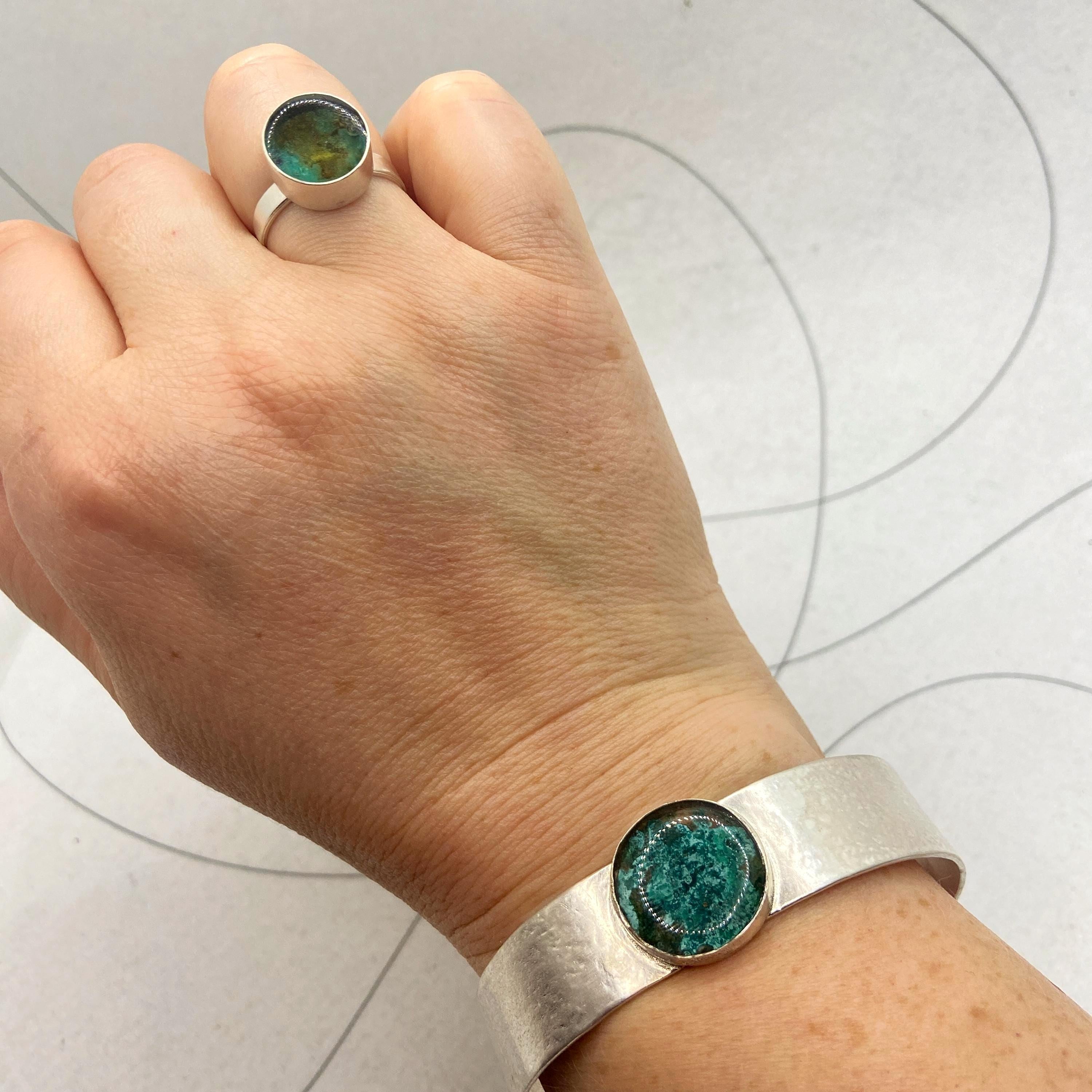 Sterling Silver Cuff Bracelet with turquoise copper patina resin inlay, matt finish silver bangle