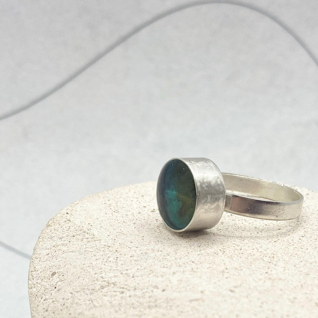 Sterling Silver Statement Ring, Turquoise Copper Patina Resin Inlay