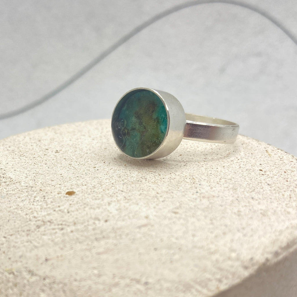Sterling Silver Statement Ring, Turquoise Copper Patina Resin Inlay
