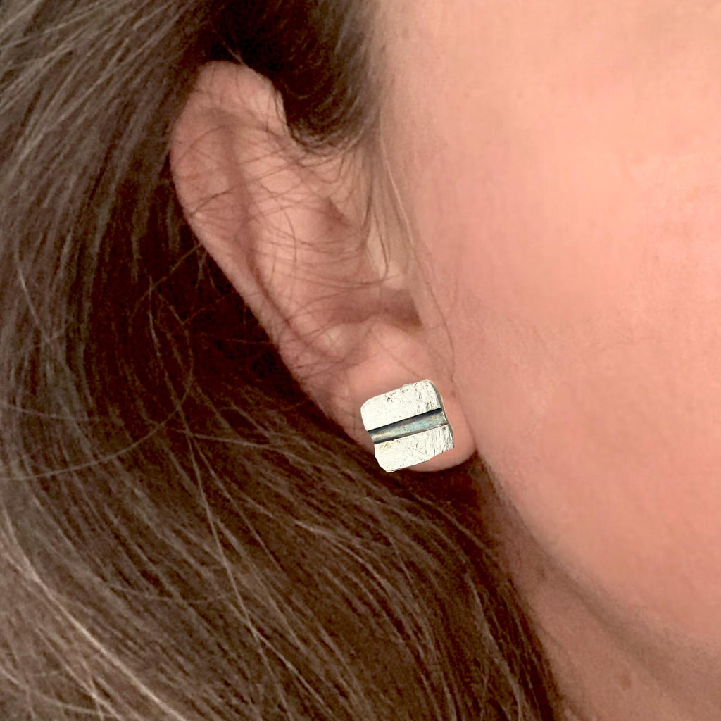 Rectangular Sterling Silver Stud Earrings with black stripe