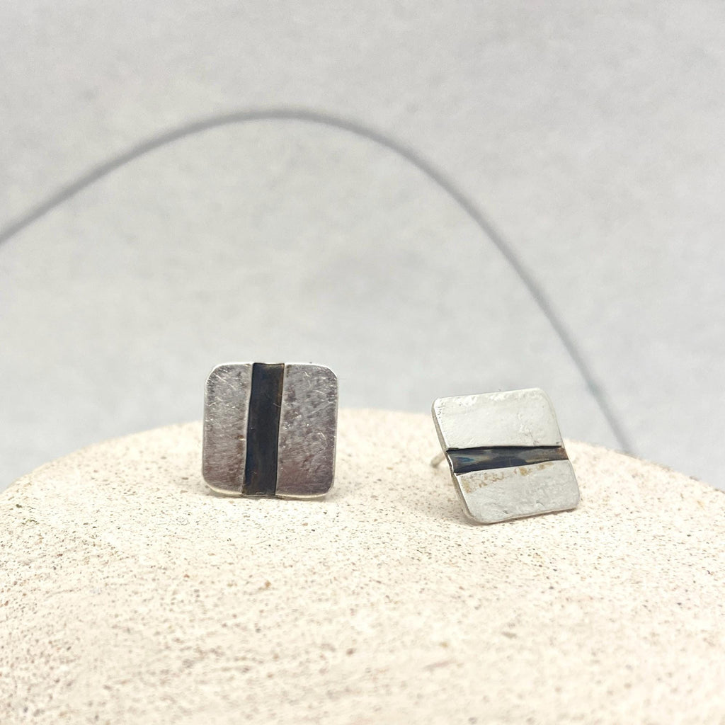 Sterling Silver square Stud Earrings with black stripe