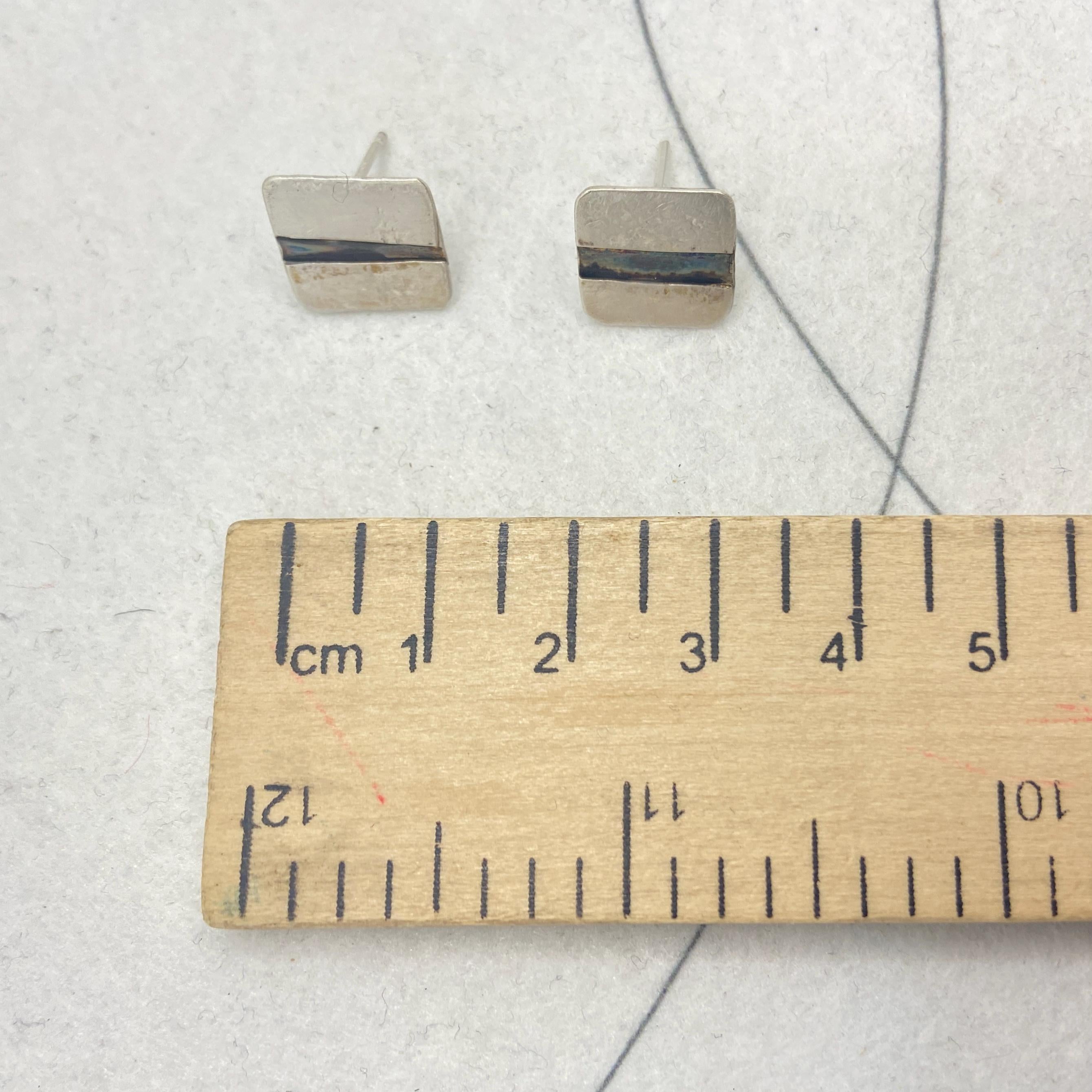 Rectangular Sterling Silver Stud Earrings with black stripe