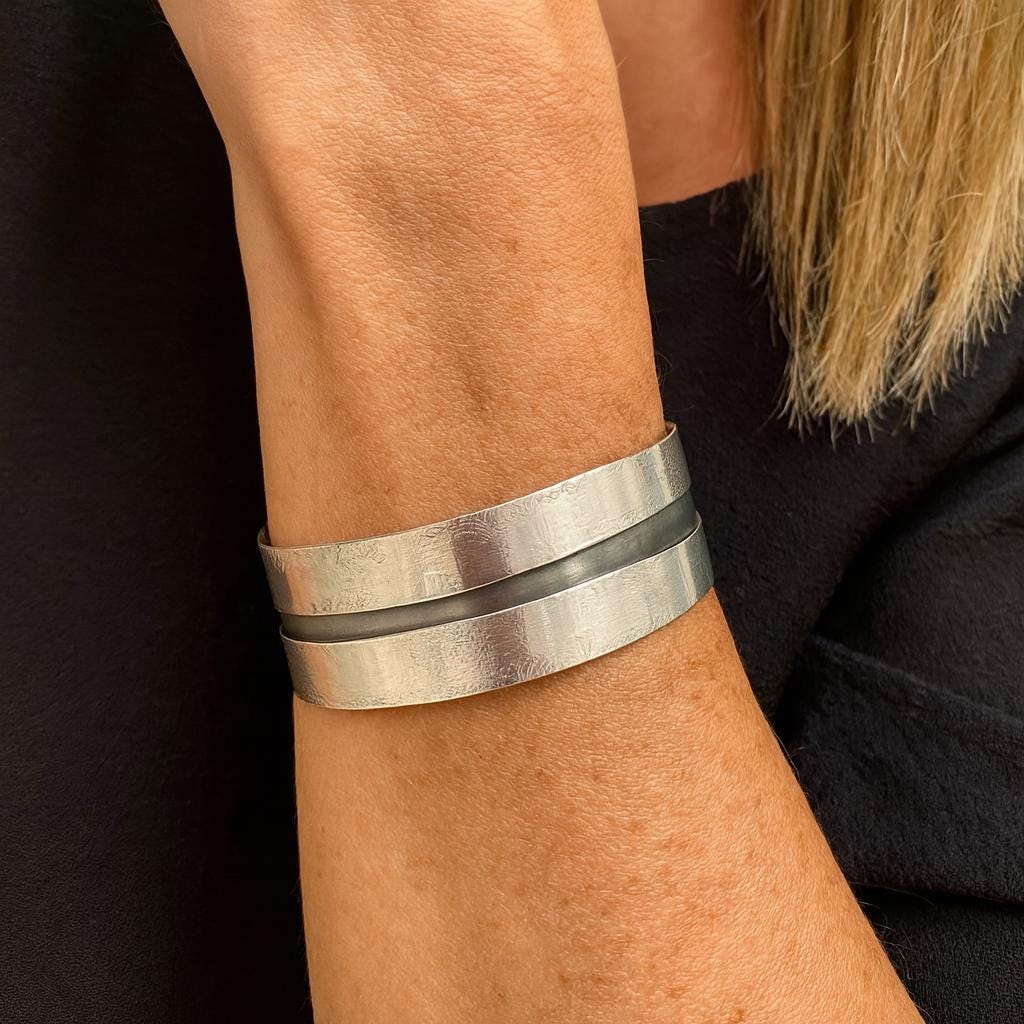 Oxidized Sterling Silver Cuff Bracelet: Striped Wide Bangle, personalised gift