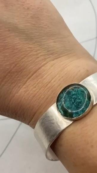 Sterling Silver Cuff Bracelet with turquoise copper patina resin inlay, matt finish silver bangle