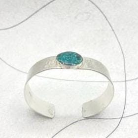 Sterling Silver Cuff Bracelet with turquoise copper patina resin inlay, matt finish silver bangle