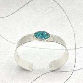 Recycled Sterling Silver Open Cuff Bangle, Turquoise Copper Resin Inlay