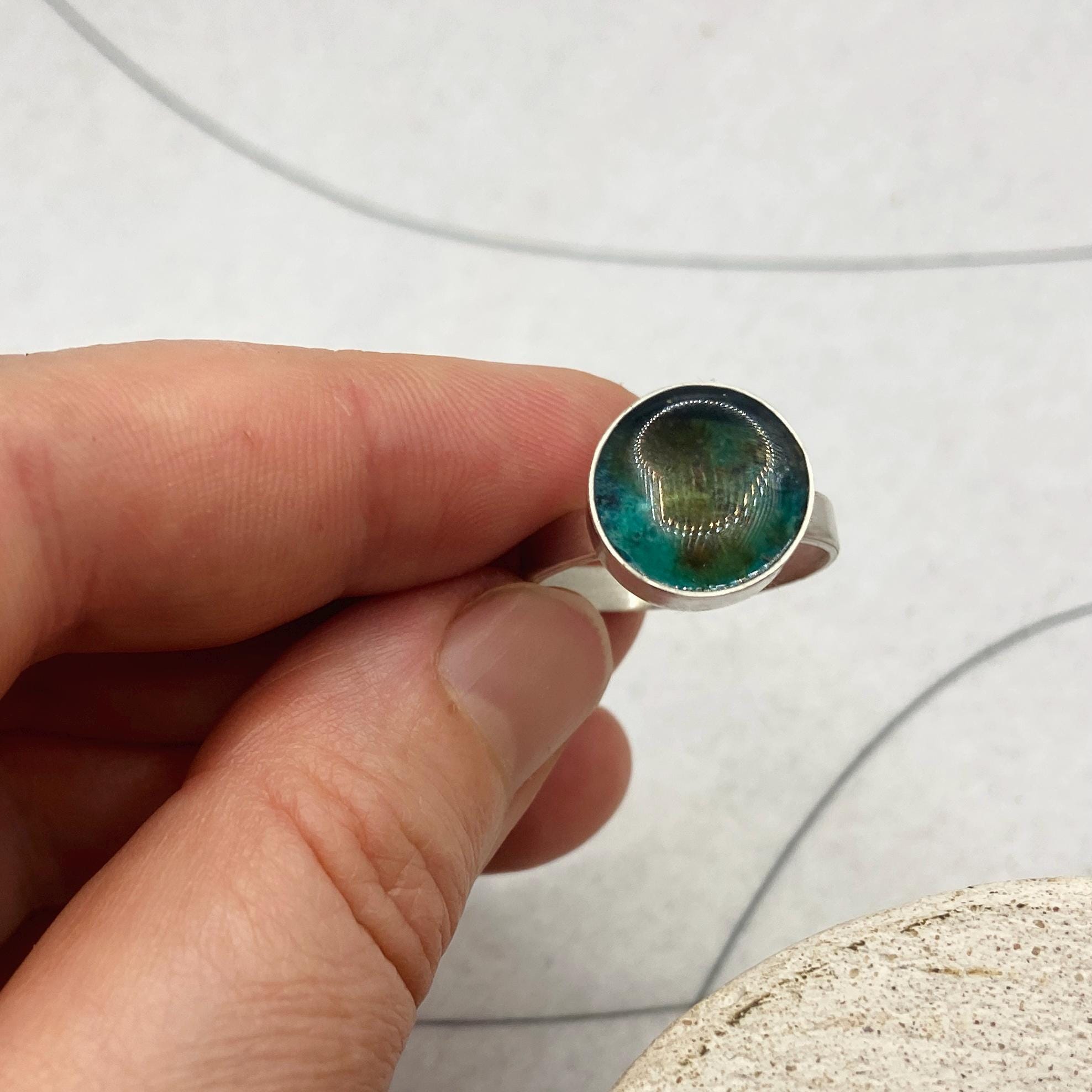Sterling Silver Statement Ring, Turquoise Copper Patina Resin Inlay