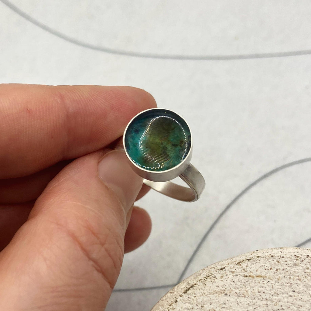 Sterling Silver Statement Ring, Turquoise Copper Patina Resin Inlay