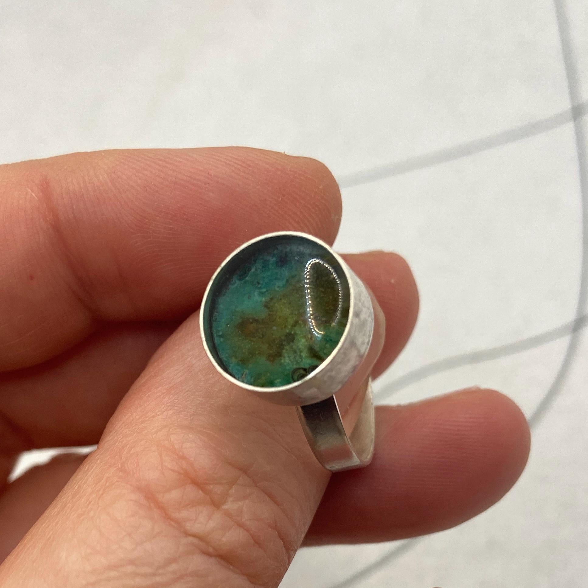 Sterling Silver Statement Ring, Turquoise Copper Patina Resin Inlay