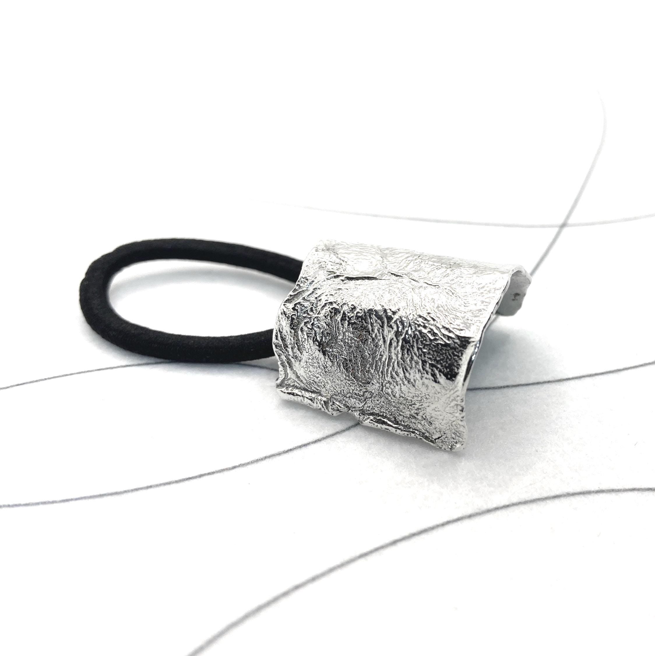 Liquid metal Sterling Silver Ponytail Cuff, Textured Boho Hair wrap with replaceable bobble